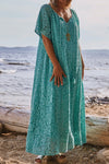 Women's Lapis Blue Floral Lace Maxi Dress with Short Sleeves and Tassel Ties for Beach Vacations and Summer Events