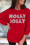 Cozy Women's Racing Red HOLLY JOLLY Christmas Sweatshirt - Festive Graphic Top for Holiday Cheer and Comfort