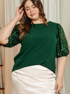 Blackish Green Plus Size Sequin Short Puff Sleeve Top