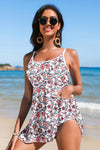 Women's Brown Floral Spaghetti Strap Swim Dress with Ricrac Trim - Chic One-Piece Beachwear for Effortless Summer Style
