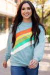 Cozy Women's Beau Blue Rainbow Colorblock Striped Pullover Sweatshirt for Casual Chic Style and Comfort