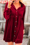 Chic Women's Fiery Red Velvet Long Sleeve Ruffle Dress - Stylish Button-Up Fit Perfect for Special Occasions