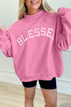 Cozy Women's Bright Pink Oversized Mock Neck Sweatshirt with Blessed Embroidery for Casual Chic Style