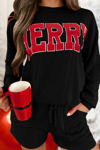 
Women's Casual Black MERRY Graphic Long Sleeve Top and Shorts Set - Trendy Relaxed Fit for Effortless Style
