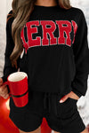 Women's Casual Black MERRY Graphic Long Sleeve Top and Shorts Set - Trendy Relaxed Fit for Effortless Style