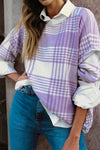 Chic Women's Cozy Lilac Plaid Sweater with Ribbed Trim - Stylish Loose Knitwear for Effortless Casual Looks