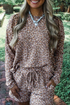 Women's Khaki Leopard Print Ribbed Long Sleeve Top with Drawstring Shorts Set - Stylish 2-Piece Outfit for Casual Wear