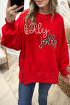 Cozy Women's Red Holly Jolly Sweatshirt | Relaxed Fit with Fun Letter Embroidery for a Playful Style