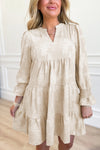 Chic Women's Parchment Jacquard Tiered Mini Dress with Long Sleeves and Notched Neck for Effortless Style