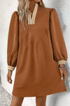 Women's Chestnut Textured Mini Dress with Contrast Stripes, Split Neck, Long Sleeves, Trendy Shift Style