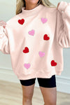 Trendy Women's Apricot Pink Chenille Mock Neck Sweatshirt with Glitter Heart Patch - Stylish & Cozy Fashion Piece