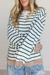 Trendy Women's White Striped Twisted Ribbed Sweatshirt with Drop Shoulders and Round Neck – Casual Patchwork Style