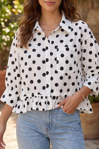 Women's Effortless Style White Polka Dot Ruffle Hem Shirt with Three-Quarter Sleeves for Casual Chic Looks