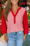 Women's Red Stripe Contrast Patchwork Top with Half Placket and 3/4 Sleeves - Stylish & Versatile V-Neck Blouse
