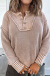 Cozy Women's Parchment Textured Patchwork Sweater with Button Neck & Drop Shoulder - Stylish Fall Essential