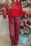 Women's Red Plaid Christmas Graphic Crewneck Pullover & Pants Lounge Set - Cozy Holiday Outfit for Moms