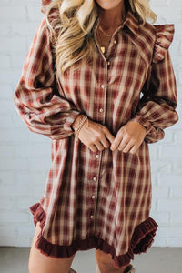 
Stylish Women's Red Plaid Ruffled Mini Dress with Long Sleeves and Trendy Patchwork Hem for Casual Summer Outings