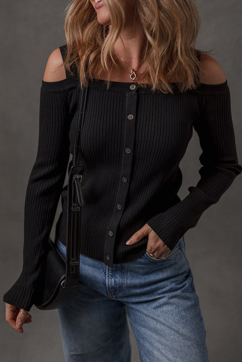 Black Ribbed Knit Cold Shoulder Button Front Sweater