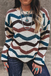 Trendy Women's Multicolor Retro Wave Knit Sweater – Cozy Fitted Design for Casual Chic Style