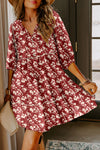 Women's Red Floral Swing Dress with Contrast Trim, Tie Neck - Ideal for Summer Parties and Casual Outings