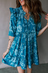 Chic Women's Blue Floral Tiered Ruffle Mini Dress with Half Sleeves - Effortless Summer Style for Casual Elegance