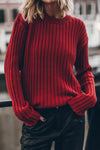 Cozy Women's Red Ribbed Slouchy Sweater with Distressed Edges - Chic Knit Fashion for Casual Outfits