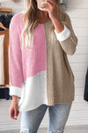 Cozy Women's Pink Color Block V-Neck Knit Sweater - Loose Fit for Casual Outings and Stylish Layering