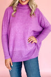 Stylish Women's Purple Orchid Ribbed Turtleneck Dolman Top - Long Sleeve, Comfortable Fit for Everyday Fashion