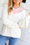Chic Women's Relaxed Fit White V-Neck Long Sleeve Top with Rainbow Stripe Color Block and Exposed Seams