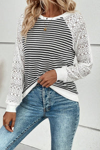 Black Stripe Textured Knit Contrast Hollowed Lace Patchwork Long Sleeve Top