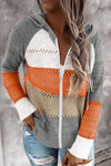 Stylish Women's Gray Colorblock Knit Hoodie with Zipped Front and Hollow-out Design for Comfortable Casual Outfits