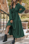 Elegant Blackish Green Tiered Maxi Dress for Women - Long Sleeve, Button V-Neck, Perfect for Special Occasions