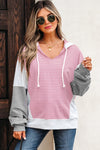 Casual Women's Pink Striped Color Block Hooded V-Neck Top - Loose Fit with Adjustable Drawstring for Comfortable Style