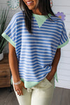 Women's Casual Sky Blue Striped Short Sleeve Blouse with Contrast Trim - Relaxed Fit Top for Everyday Style
