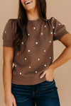 Stylish Chestnut Polka Dot Bubble Sweater for Women - Short Sleeve Knit Top, Perfect for Casual and Dressy Occasions