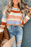Cozy Women's Pink Striped Colorblock Sweater - Stylish Drop Shoulder, Round Neck for Effortless Casual Looks
