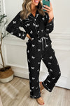Elegant Women's Black Bow Print Two-Piece Pajama Set for Cozy Nights and Lazy Mornings in Soft, Breathable Fabric