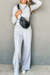 Women's Light Grey Long Sleeve High Neck Top & Smocked Waist Pants Set - Chic Slim Fit Outfit for Effortless Style