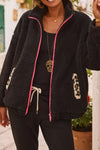 Cozy Women's Black Fuzzy Sherpa Jacket with Contrast Trim, Full Zip Closure, and Practical Pockets for Effortless Style