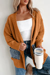 Cozy Women's Chestnut Knit Cardigan with Open Front, Denim Patchwork Design & Pockets - Stylish Layering Essential