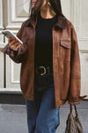 Stylish Women's Retro Coffee Faux Leather Jacket with Contrast Corduroy Collar and Unique Patchwork Details