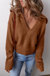 Chic Women's Chestnut V-Neck Ribbed Sweater with Collar - Stylish Knit Top for Elegant Fall Fashion