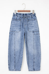 High-Waisted Cotton Blend Barrel Jeans in Medium Blue with practical styling, blue, photo 7