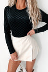 Stylish Women's Black Velvet Checkerboard Long Sleeve Bodysuit with O Neck - Trendy, Comfortable Fit for Every Occasion