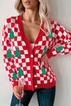 Cozy Women's Red Checkered V-Neck Cardigan Sweater for Festive Holiday Style and Comfort