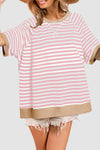Oversized Women's Apricot Stripe Ribbed T-Shirt with Contrast Patchwork – Casual Chic for Effortless Everyday Style