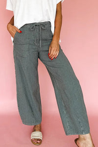 Black Stripe Ankle-length Drawstring Casual Pants