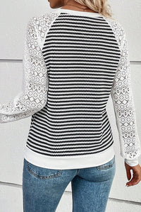 Black Stripe Textured Knit Contrast Hollowed Lace Patchwork Long Sleeve Top