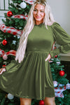 Elegant Moss Green Velvet Dress for Women with Frilled Neck, Smocked Bodice, and Flattering Fit for Special Occasions