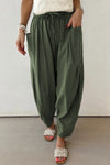 Women's Jungle Green Casual Barrel Leg Pants with Drawstring Waist and Pockets for Comfortable Everyday Style